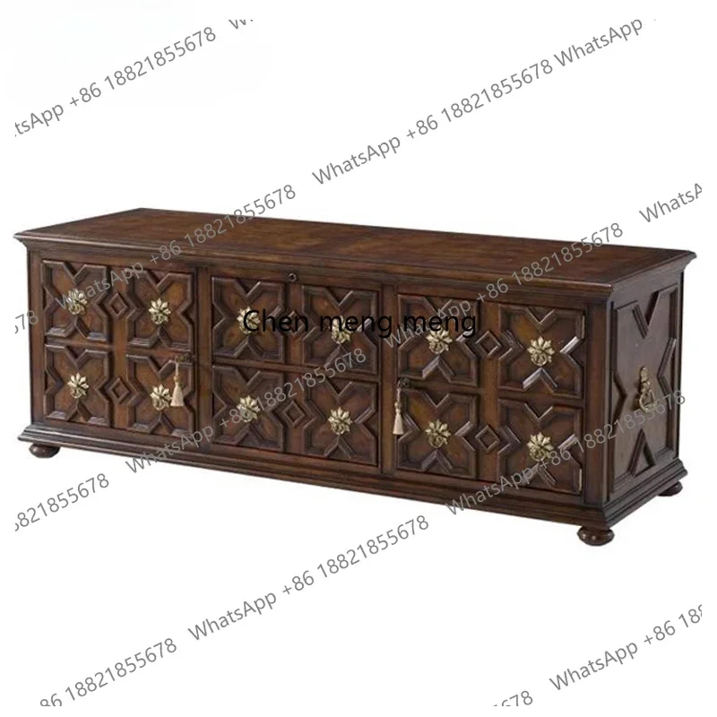 Living room vintage carved long TV cabinet solid wood art with drawer storage furniture American style