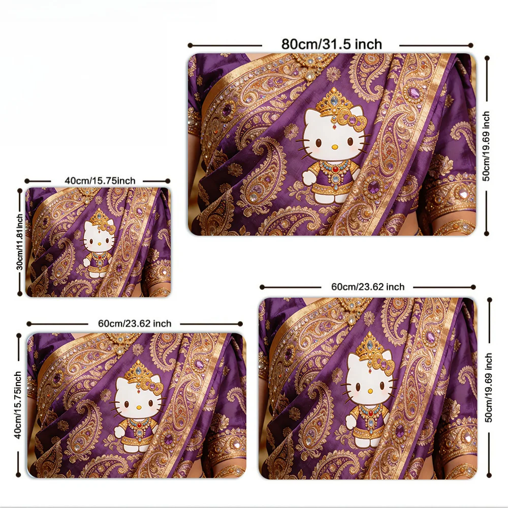 Indian Royal Hello Kitty Purple Saree Dish Drying Mat, Non-Slip Rubber Base, Washable Cloth Surface