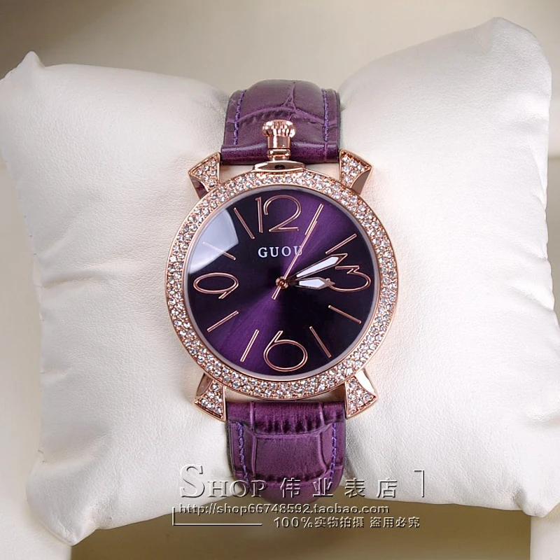 GUOU purple rose gold women luxury brand full rhinestone watch ladies genuine leather band quartz watch women famous wristwatch