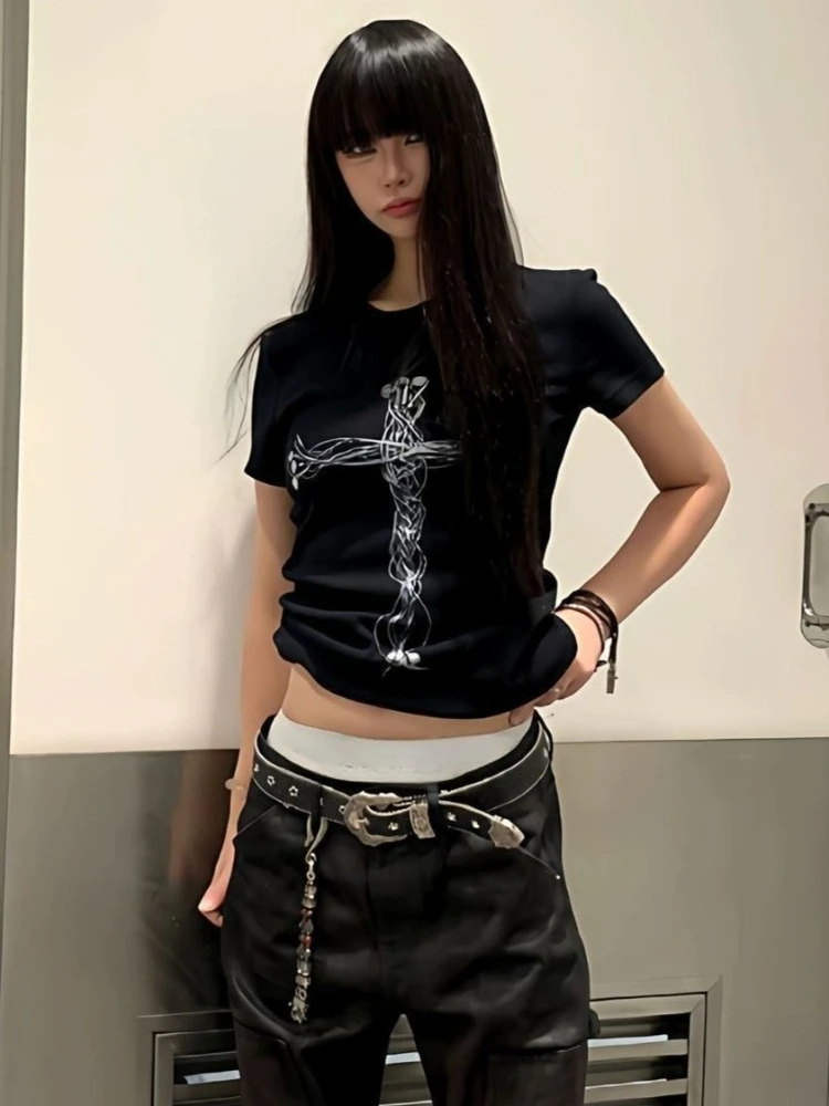 Y2k Aesthetic Women Earphone Printing Tshirts Summer Harajuku Vintage Punk Tops Streetwear Grunge White Slim Fit T-shirt