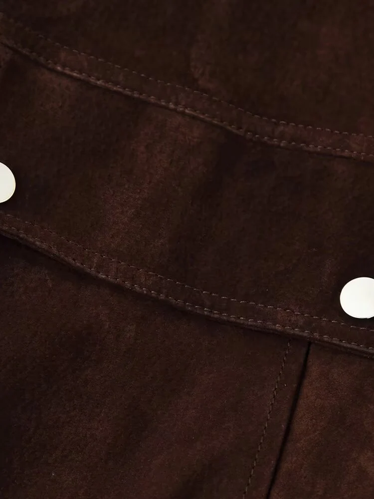 سترة نسائية جديدة على الطراز الأوروبي عصرية ومتعددة الاستخدامات من جلد الغزال بلون سادة مع تفاصيل الجيب. #5