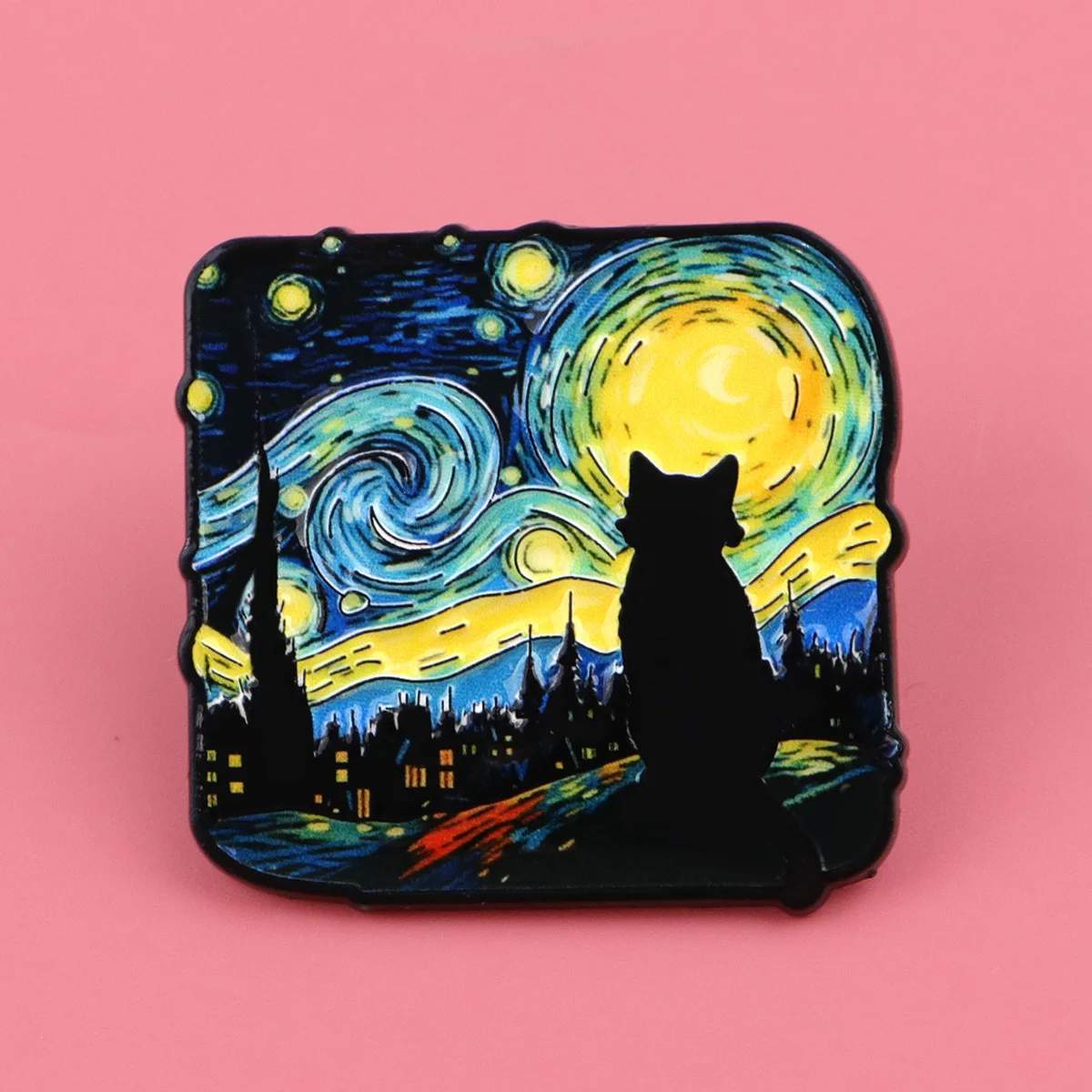 Starry Night Cat Silhouette Brooch - Van Gogh Style Art Enamel Pin Badge Fashion Jewelry Gifts