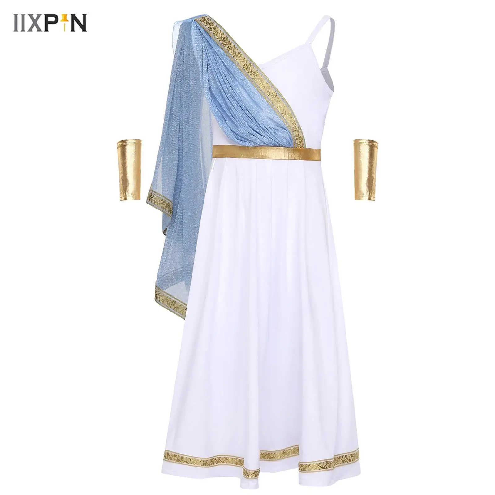 

Girls Ancient Greek Princess Dress Cape Golden Embroidery High Waist Cami Dress with Arm Sleeve Halloween Raves Cosplay Costume