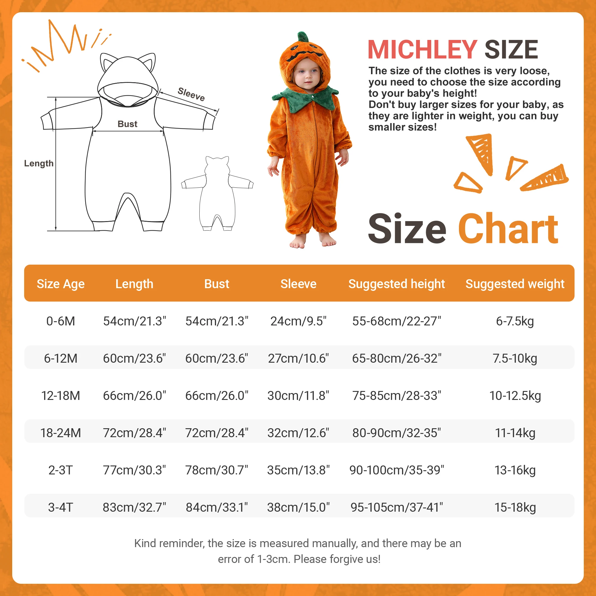 MICHLEY Halloween Kürbis Baby Cartoon Strampler Winter Neugeborenen Kapuzenkleidung Jungen Mädchen Schlafanzug Einteiler Jumpsuit für Jungen Mädchen – Detail 1