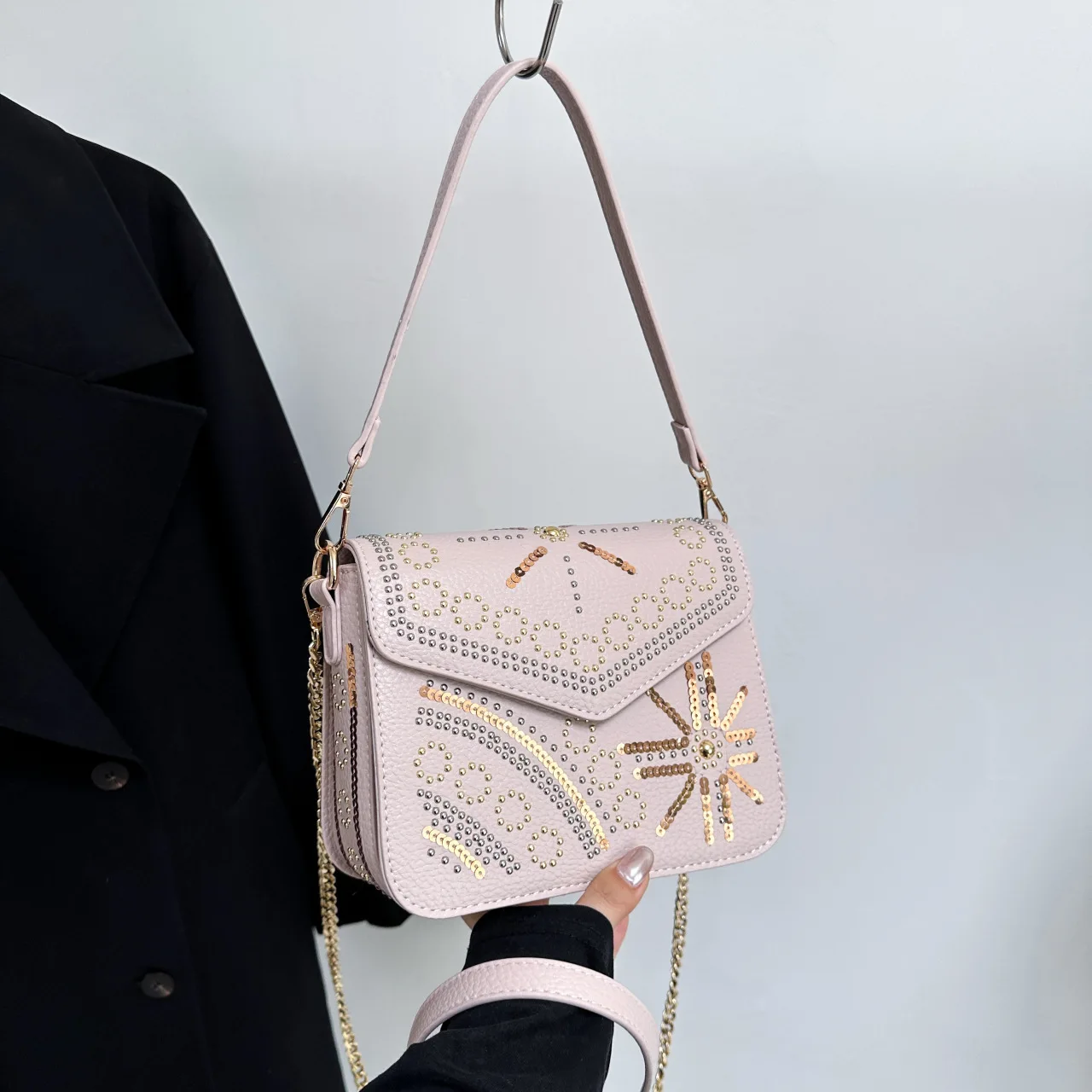 Rivet sequins Women Brief Flap bags PU Leather ladies Handbags Small Female Shoulder Bags Fashion Chain Messenger Bags bolsa