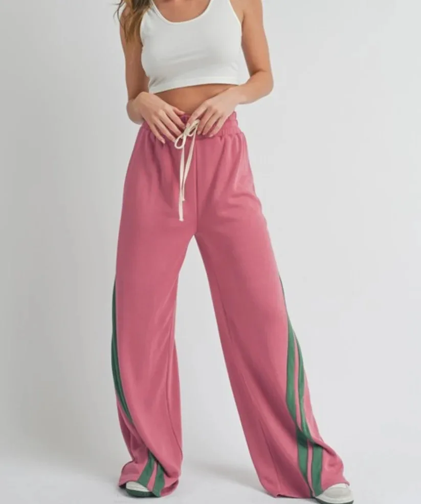 

Wide Leg Pants Women Sporty Trousers Striped Patchwork Drawstring Lace Up Elastic Waist Joggings Slacks Floor Length Streetwear