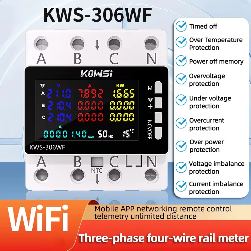 KWS-306 Tuya Wifi Power Energy Meter AC Monitor AC 85-290V 80A 3 Phase 4-wire DIN Rail Over Under Voltage Protector Electricity