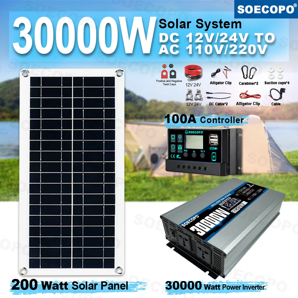 SOECOPO 30000W Solar System Kit Inverter (2 Sockets) Dual Voltage Input 12V/24V To 110V/220V 100A Controller 200W Panel Camping