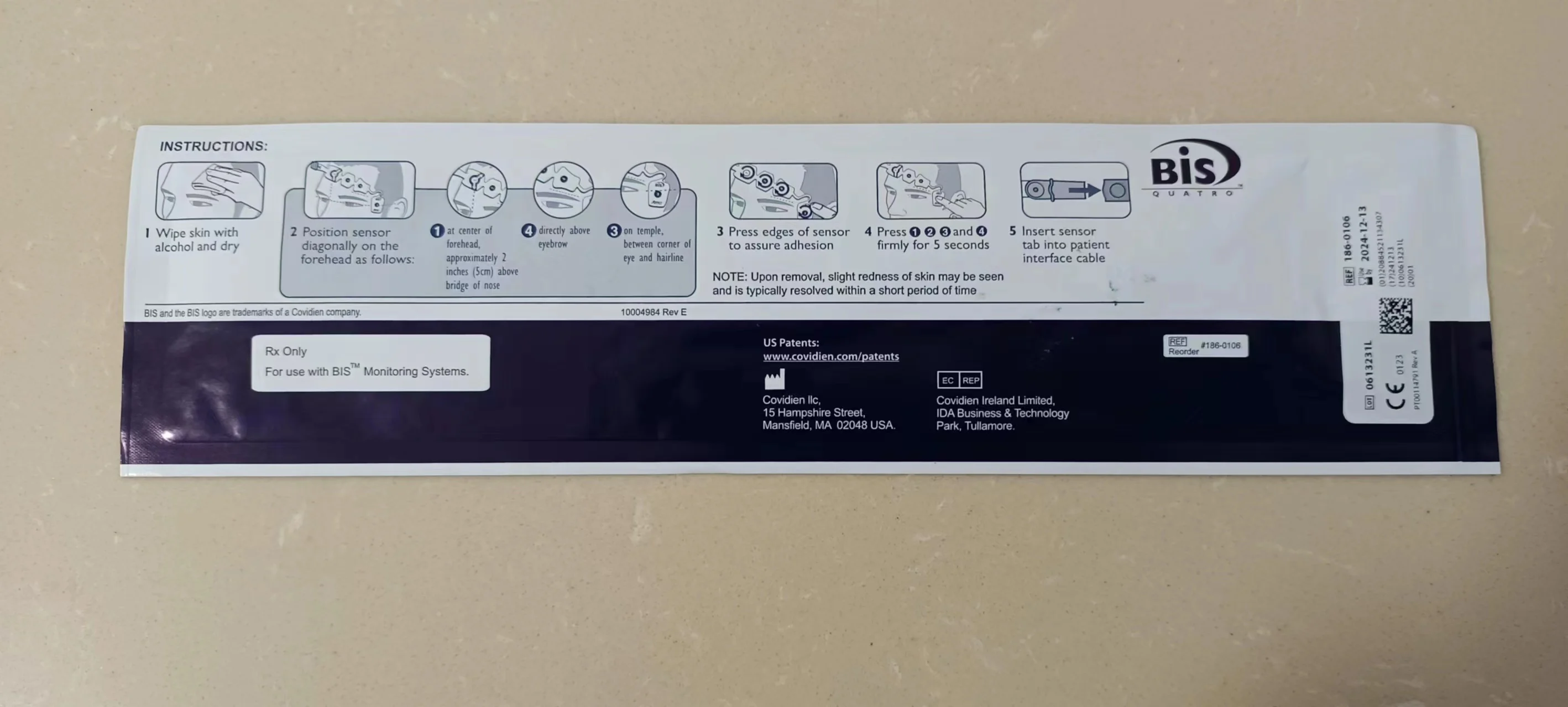 Disposable Covidien 186-0106 BIS Adult Quatro XP Monitoring Sensor,expire date:Jan 2025