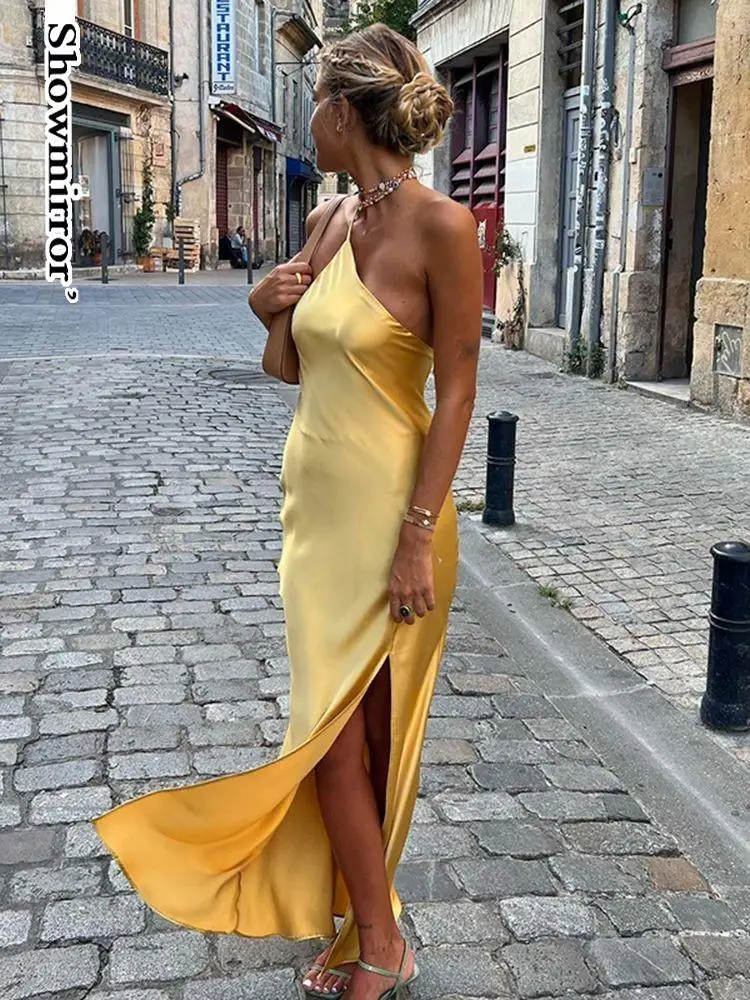 Showmirror Elegant Satin Draped Slit Maxi Dress for Women Sexy Sleeveless Backless Robe Slip Long Dress Party Club Clothes