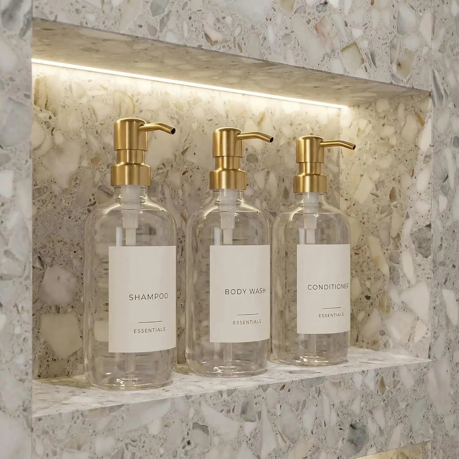 

Shampoo and Conditioner Dispenser Set of 3 - 21oz Clear Bottles with Pump and Labels for Bathroom Decor Upgrade