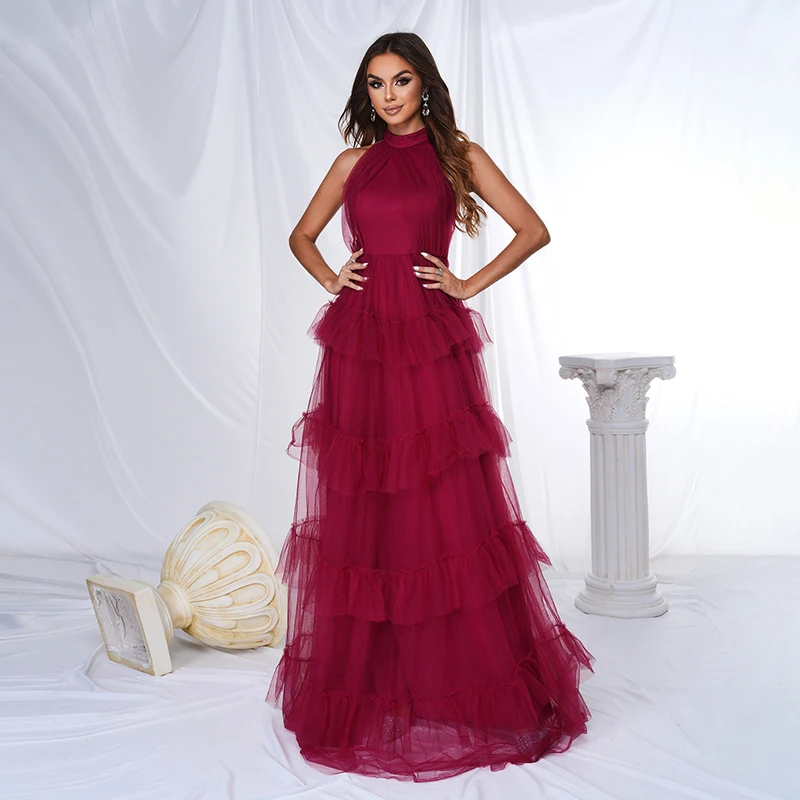 

Red dress Women Summer 2024 Sexy Elegant Mesh Ruffle Cocktail Prom Gown Formal Occasion Gown Party Long Maxi cake dresses