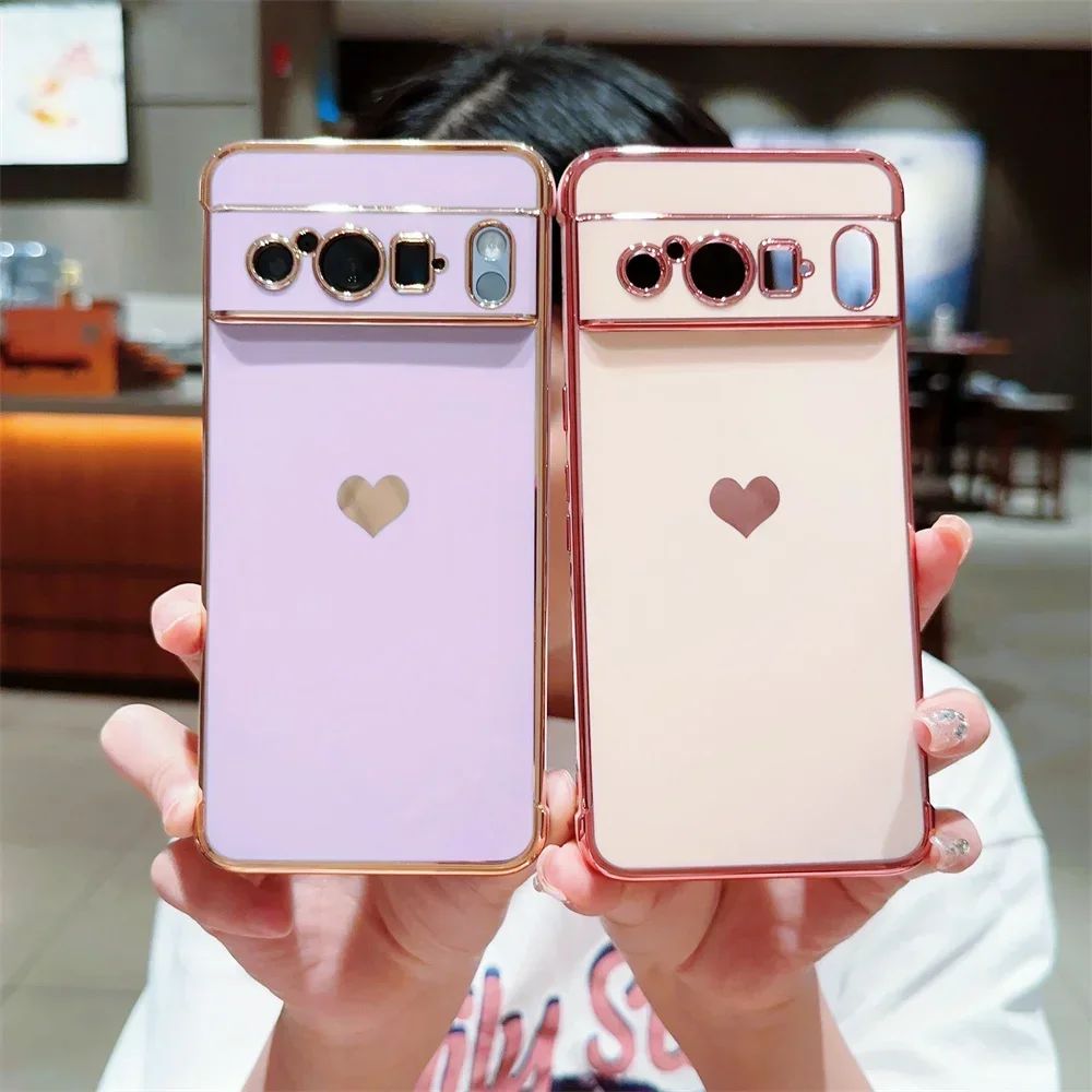 For Pixel 8 Pro 9 Fashion Love Heart Plating Case for Google Pixel 7A Pixel 8 9 Pro ProXL Shockproof Soft Lens Protection Cover