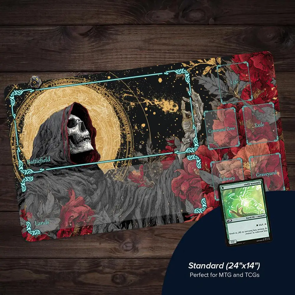Romantic Flowers and Grim Reaper TCG Playmat Magic Card Mat with Stitched Edge Non-Slip Tabletop Playmat Board Game Mat for TCG
