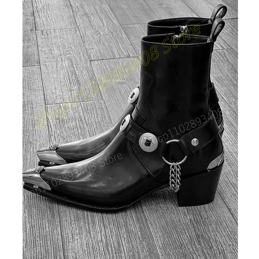 Black Metal Chain Men Ankle Boots Round Rivets Cool Punk Style Pointey Knight Fashion Increase Men Shoes 2024 Zapatillas Mujer