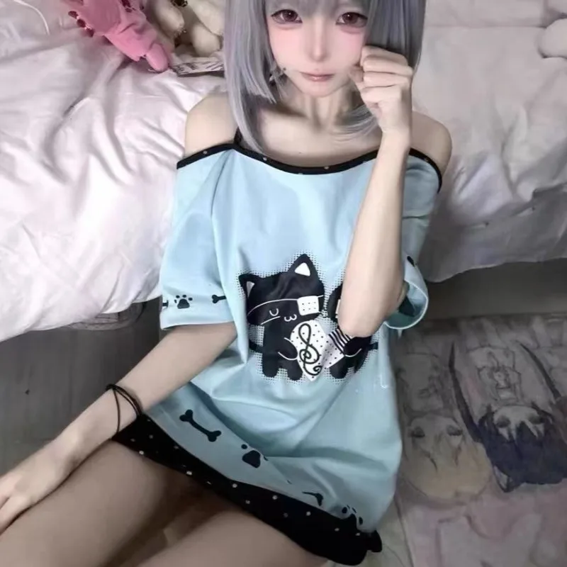 

Subculture Kawaii Soft Girl Halter Japanese Cute Spice Girl Loose Anime Short Sleeve T Shirt Female Summer Top Kawaii Clothes