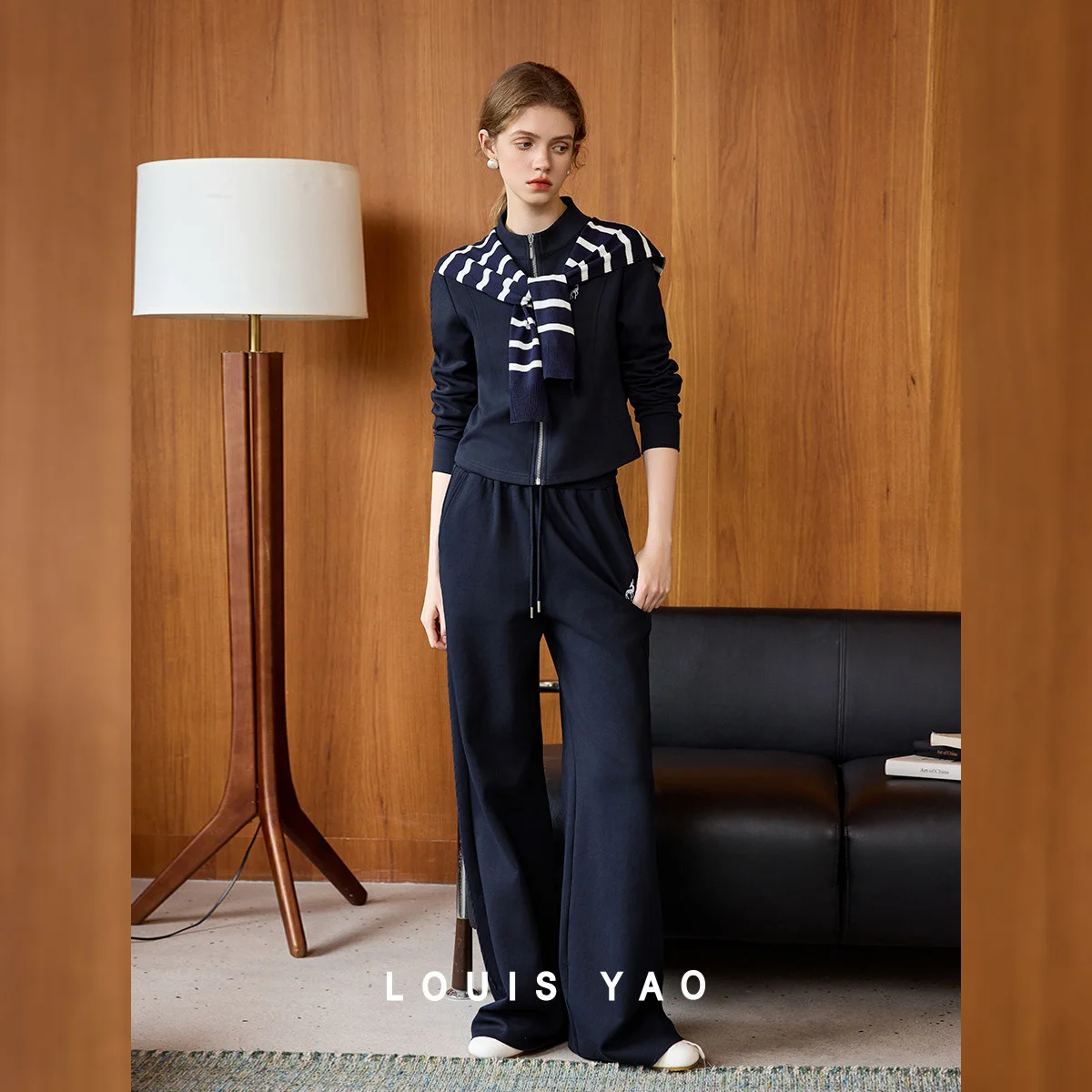 LOUIS YAO  Stripe Shawl Style Knit Women's Matching Sets2026 Autumn Two Piece Set Embroidered Top Jacket+Straight Leg Long Pants