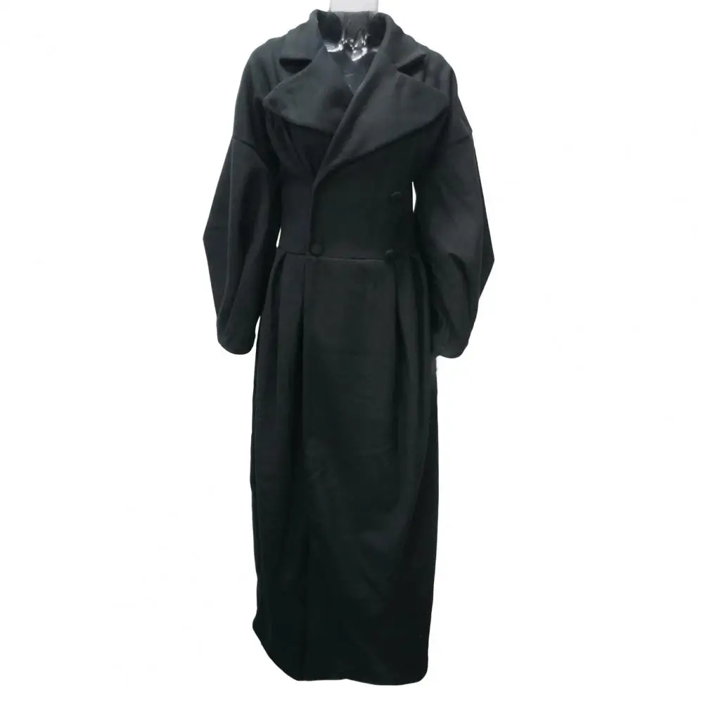 Warm Trench Coat Wear Outerwear Women Long Wool Coat for Fall Winter Lantern Sleeve Overcoat with Notch Lapel Double Breasted