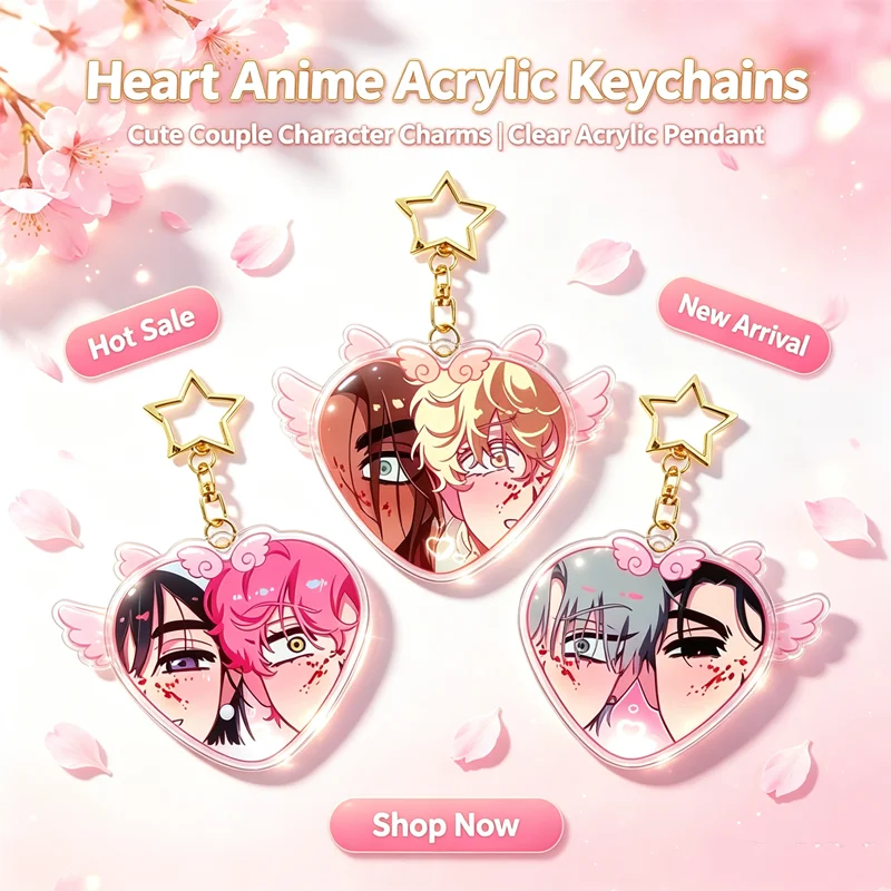 Heart Shaped Anime Acrylic Keychain, Couple Character Bag Pendant, Double Sided Printed Clear Charm, Fashion Bag Accessories Gif