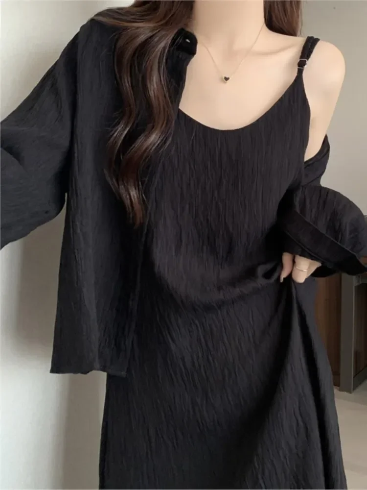 Autumn Casual 2 Piece Set Women Solid Single Breasted Shirt + Strap Mid-length Dress Spring Folds Design Korean Fashion Outfits