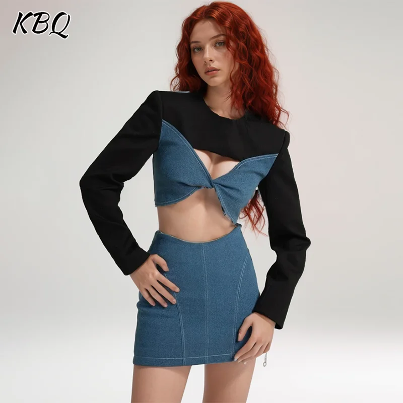 

KBQ Hit Color Slimming Two Piece Sets For Women Round Neck Long Sleeve Hollow Out Tops High Waist Short Skirts Sexy Set Female