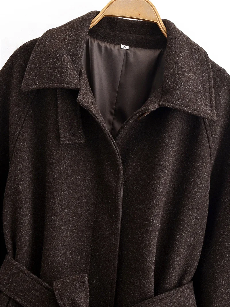 معطف نسائي شتاء 2025 نمط جديد بني داكن كم طويل مربوط فضفاض مناسب معطف صوفي طويل عصري وأنيق