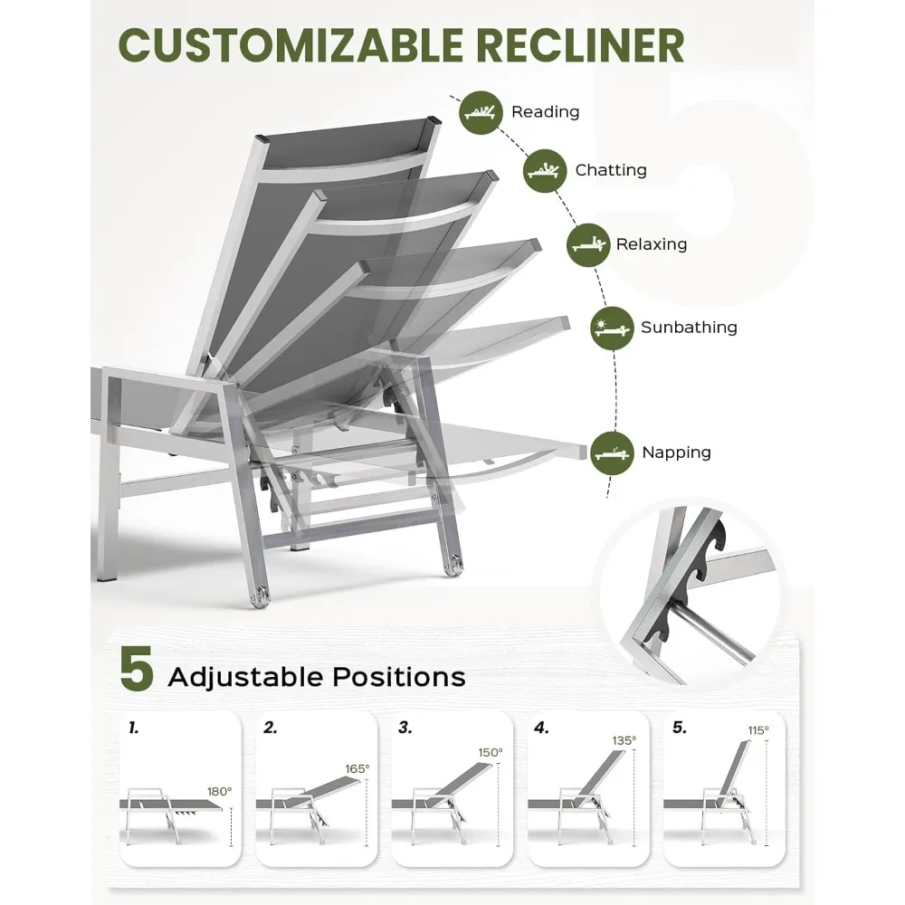 เก้าอี้พักผ่อนกลางแจ้งแบบมีล้อและที่วางแขน, เก้าอี้พักผ่อนริมสระน้ำทำจากอลูมิเนียม ปรับเอนได้ 5 ระดับ