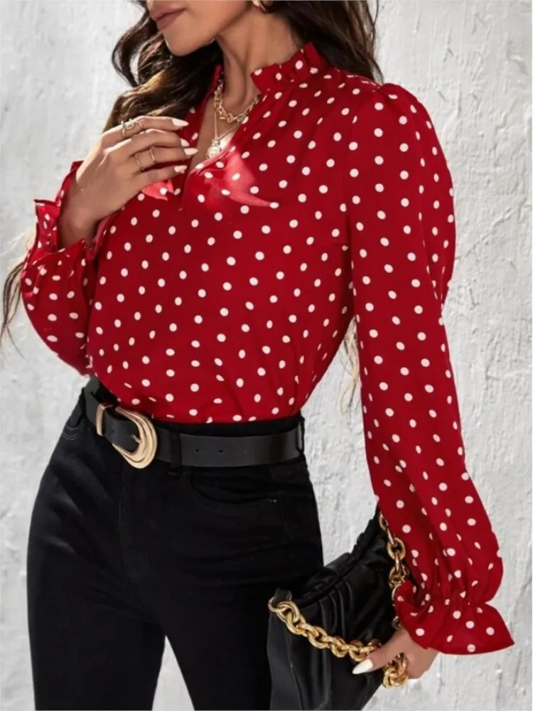 Camicia a pois alla moda camicetta e top in Chiffon Casual a maniche lunghe con scollo a v da donna 2024 primavera autunno camicie da donna da