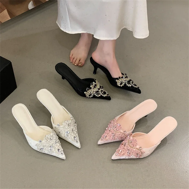 

Aneikeh Spring Elegant Fashion Silk Crystal Pointed Toe Slippers Women Thin Low Heels Pumps Concise Mules Party Slide Shoes