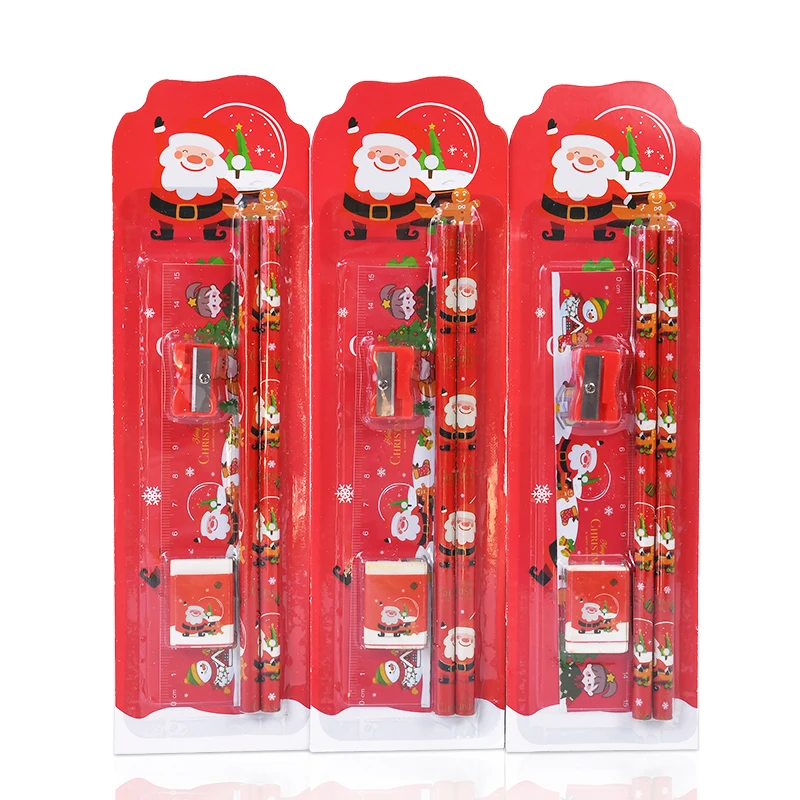 5PCS Christmas Gift Kids Stationery Set Pencil With Eraser Ruler Sharpener Xmas New Year Party Goodies Bag School Prize Supplies