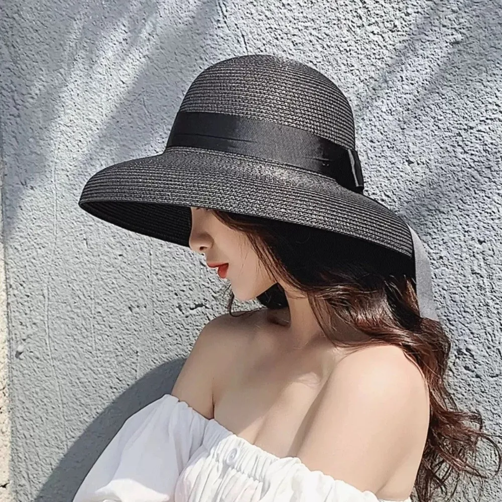Elegant Breathable Straw Hat Large Brim Black Ribbon Sunshade Hat UV Protection Sun Hat Women - view 5