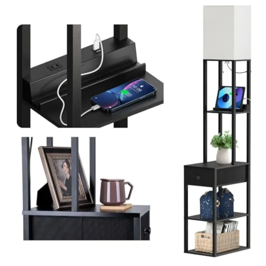 

Напольная лампа addlon с 2 USB-портами, 1 розеткой и выдвижным ящиком, 3 цветовых температуры, светодиодная лампа 9 Вт, лампа для дивана с белым абажуром, напольный светильник.