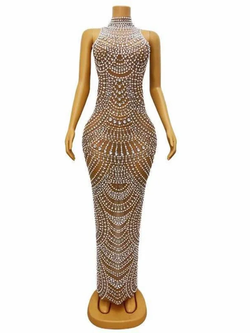 Abito lungo da donna con scollo a V profondo, senza schienale, con perline, scintillanti, maxi abito lungo da sera, festa di compleanno, regina, elegante