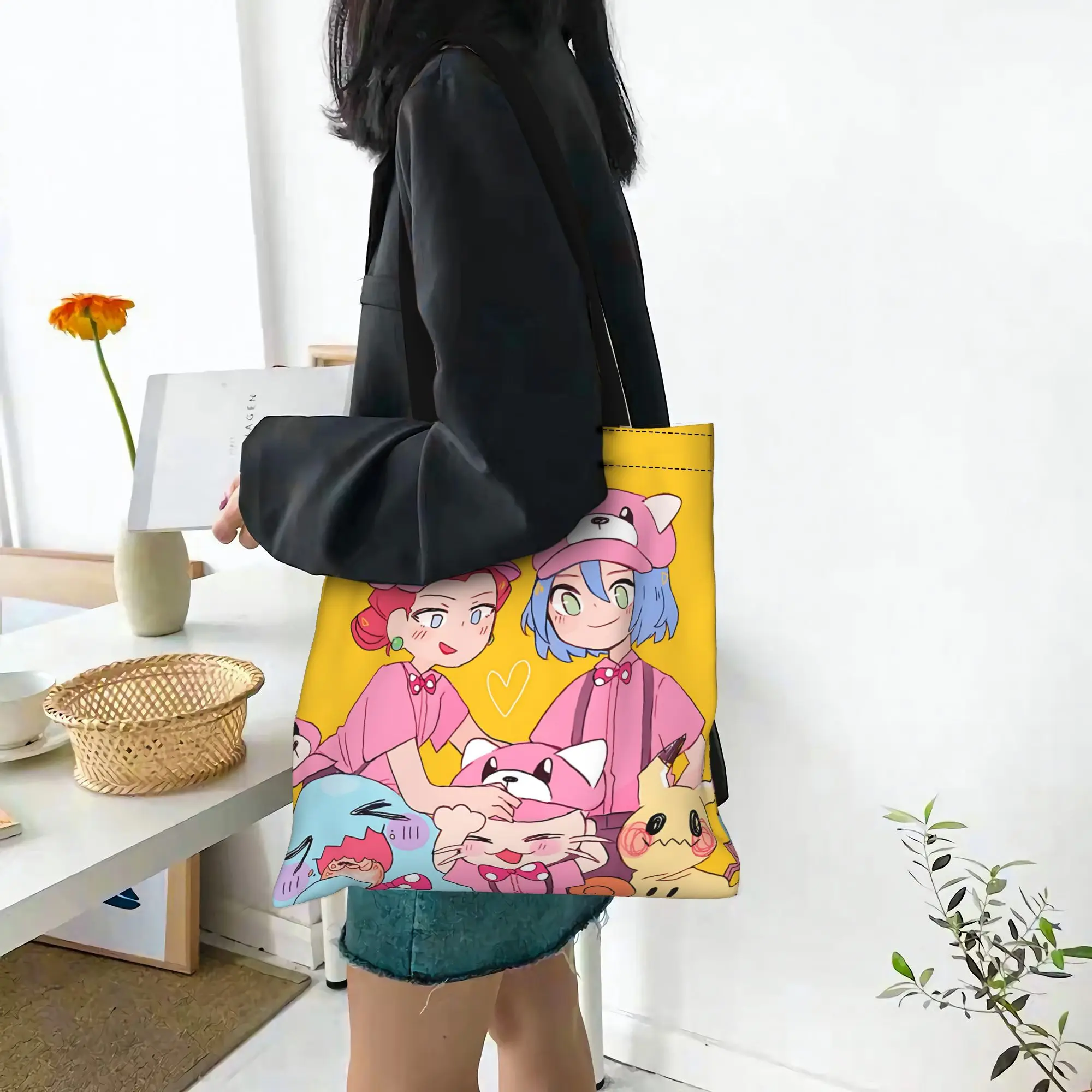 Customized pokemon stickers team rocket Women's Bag Campus Handbag Large Capacity  Canvas Tote Bag Foldable Chic Pattern
