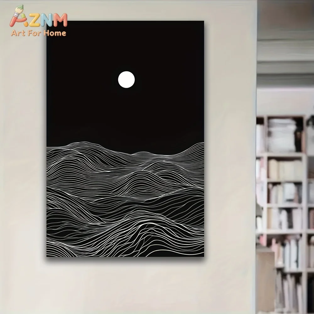 AZNM Minimalist Abstract Wave Line Moon Canvas Wall Art Black White Geometric Japanese Wabi Sabi Neutral Modern Home Unframed De
