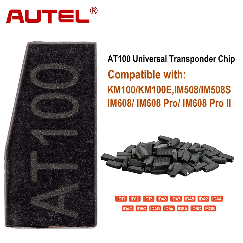 

Чип-транспондер Autel AT100, универсальный автомобильный ключ-чип, используется с программаторами XP200, XP400, XP400PRO для программирования ключей, совместим с сериями KM100, IM508, IM608.