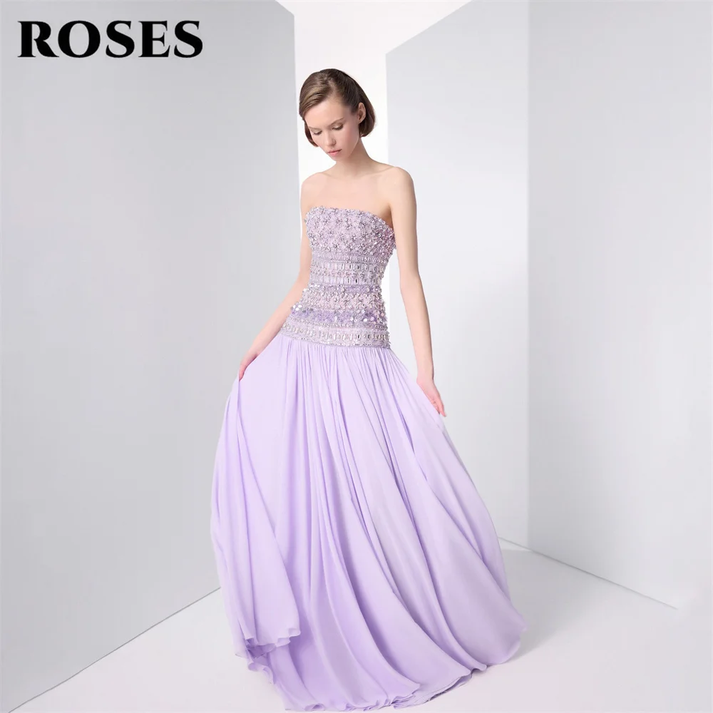 ROSES Lilac Evening Gown Strapless Sleeveless Prom Dresses Beading On Chest Wedding Evening Dresses robes de soirée Customized