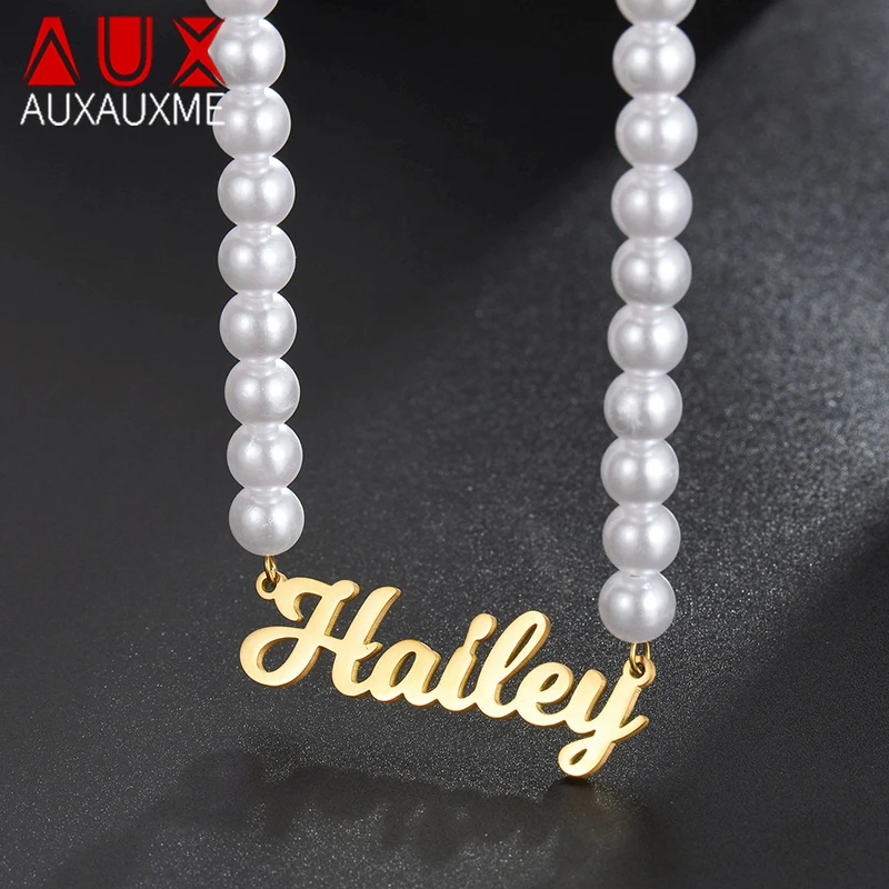 

Auxauxme Custom Artificial Pearl Name Necklace for Women Stainless Steel Nameplate Elegant Choker Jewelry Gifts