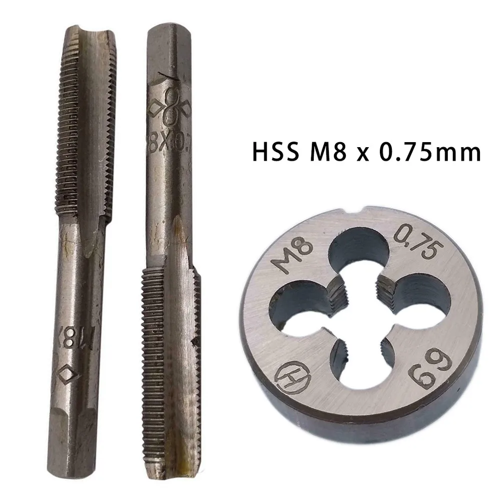 Tap & Die Set HSS M8x0.75mm Taper & PlugTap & M8 X 0.75mm Die Metric Thread Right Hand HSS Screw Tap Drill Bit Set Hand Tools