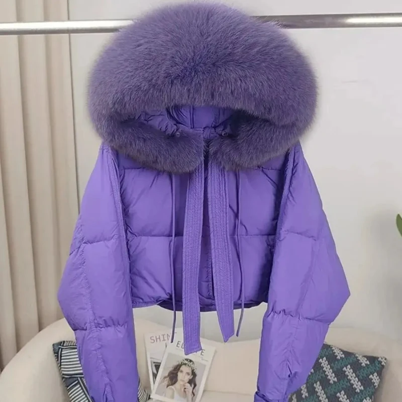 2025 신상 덕다운 루즈핏 겨울 재킷 여성용 리얼 폭스퍼 라쿤퍼 칼라 후드 두꺼운 따뜻한 스트릿웨어 아우터 탈부착 가능