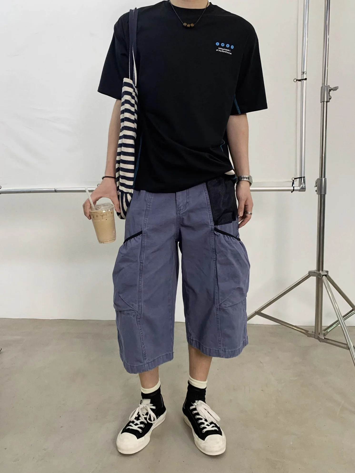 American Washed Cross Multi-Pocket Gardener Seven-Foot Pants Men Summer Loose Over-Knee Mid-Pants Breathable Comfortable Jeans