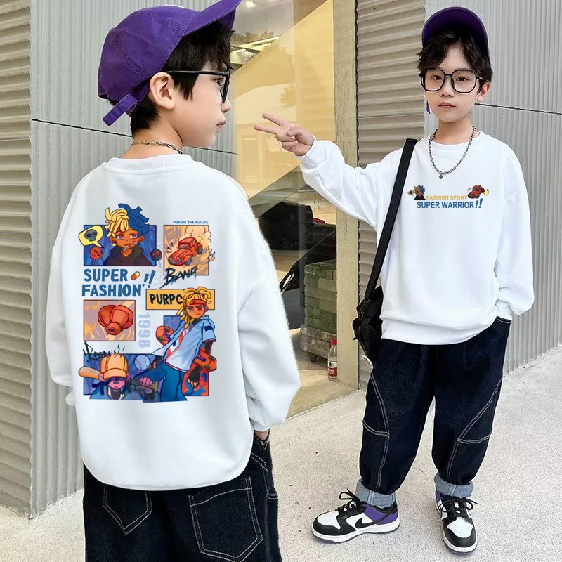 Boys Pure Cotton Sweatshirts 6-12T Autumn Long Sleeved Cartoon T-shirt for Kids Trendy Printed Sportswear Children's O Neck Top