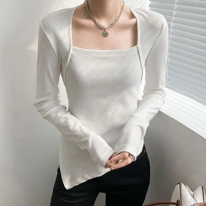 Elegant Square Collar Pullovers Women's Clothing Solid Color Slim Spring Autumn Commute Fashion Irregular Long Sleeve T-shirt