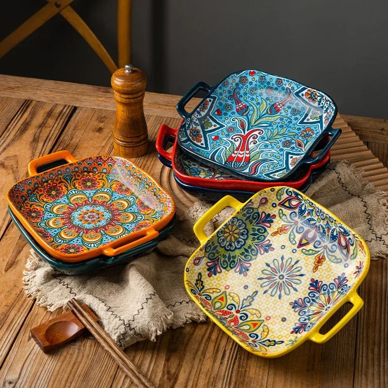 1PC Bohemian Ceramic Binaural Square Plate Beautiful Plate For Home High Appearance Level Plate Fruit Plate Oven Microwave Plate