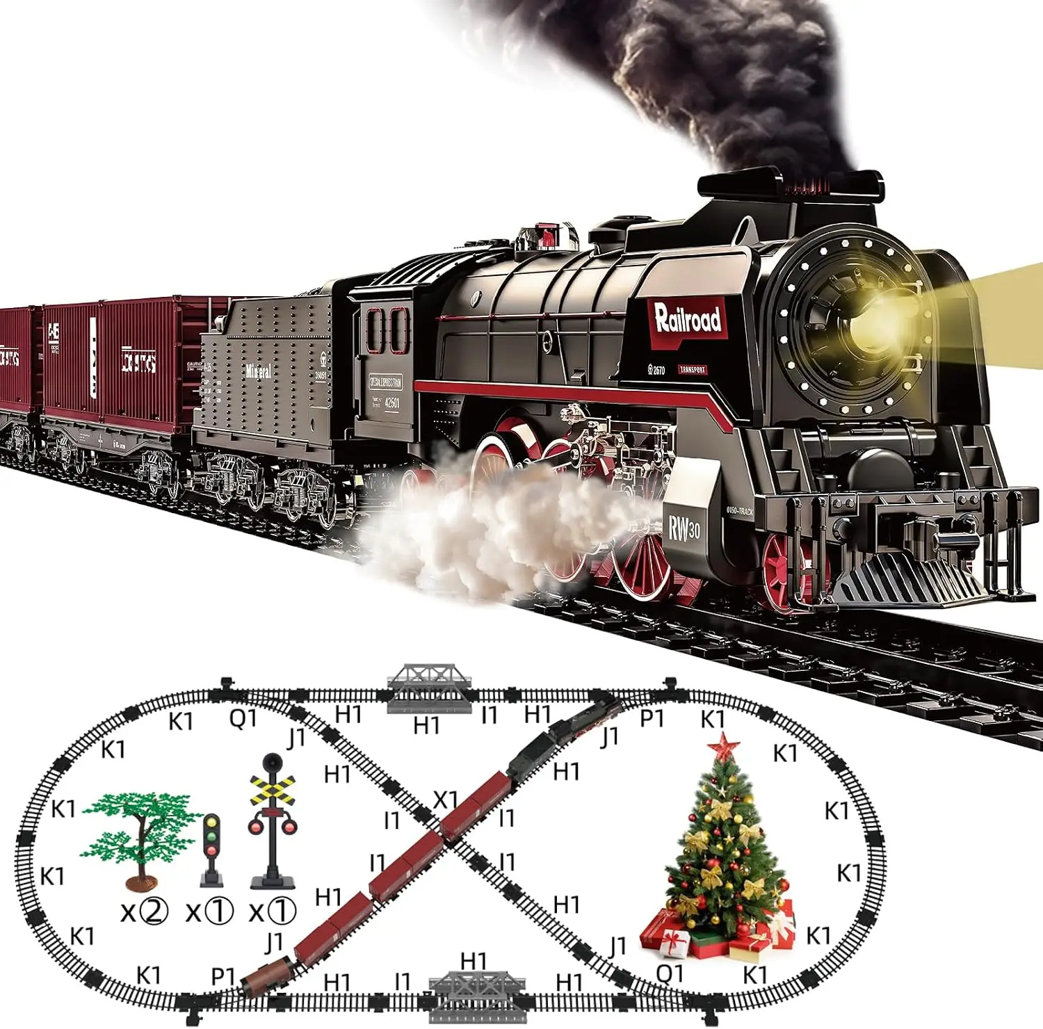 Kids Electric Toy Train Set with Steam Locomotive, Realistic Lights Sounds & Smoke, Christmas Train Model Gifts for Toddlers Boys Girls, Luxury Track & 3 Truck Carriages