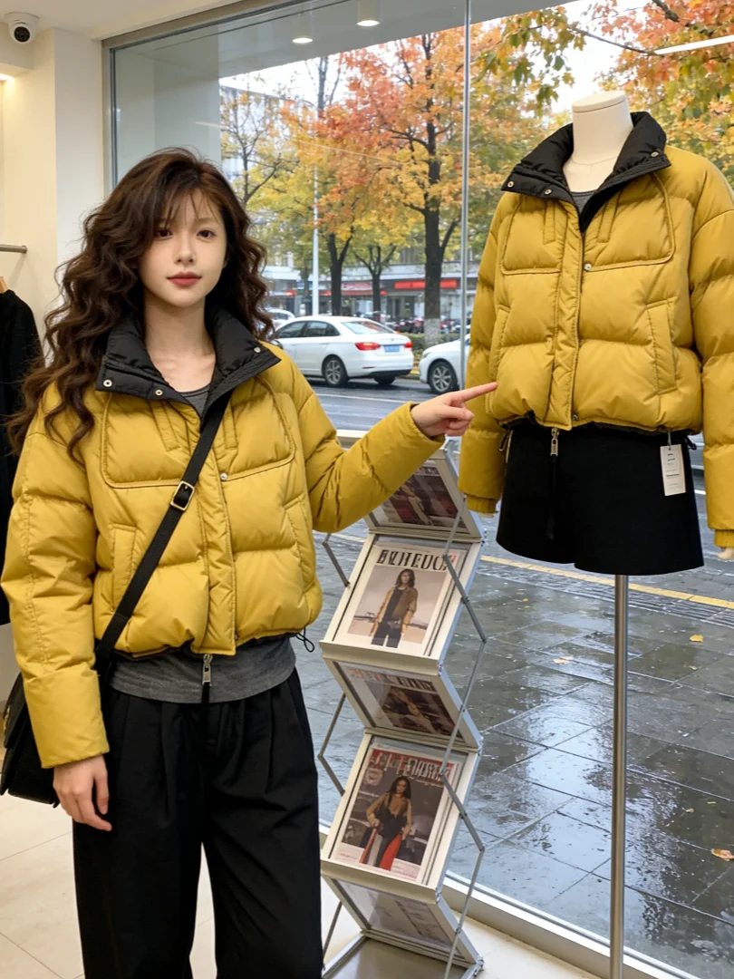 

2025 Winter Thiened Yellow Cotton Jaet Unique Bread Sle Warm Coat ort Korean Version Straight Tube Commuter Sle