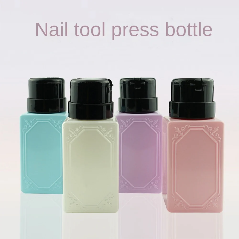 Plastic Press Pump Bottle Refillable 210ml Refillable Bottle Square Leakproof Nail Cleaner Container for Alcoholic Water