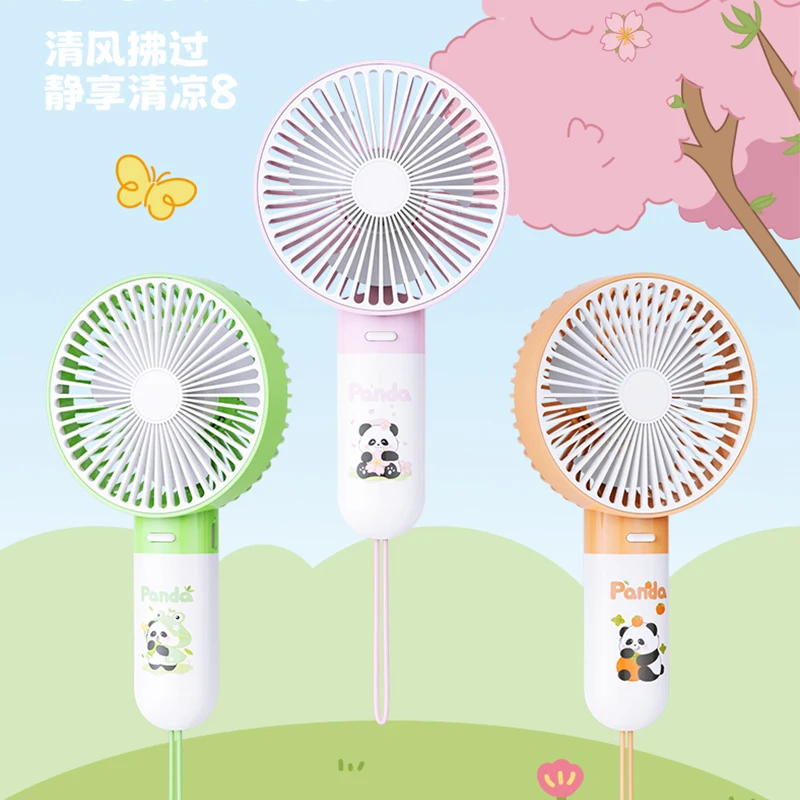 Lovely Panda Printed Handheld Fan With Lanyard USB Charging Long Endurance Low Noise Mini Portable Fan Summer Gift for Student