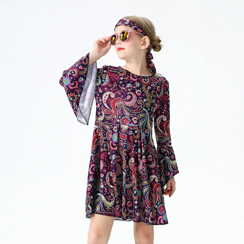 Halloween Cospaly Costumes Girl Funny Retro Hong Kong Style Hippie Party Performance Dress Spooky Stage Wear 3-8 Years