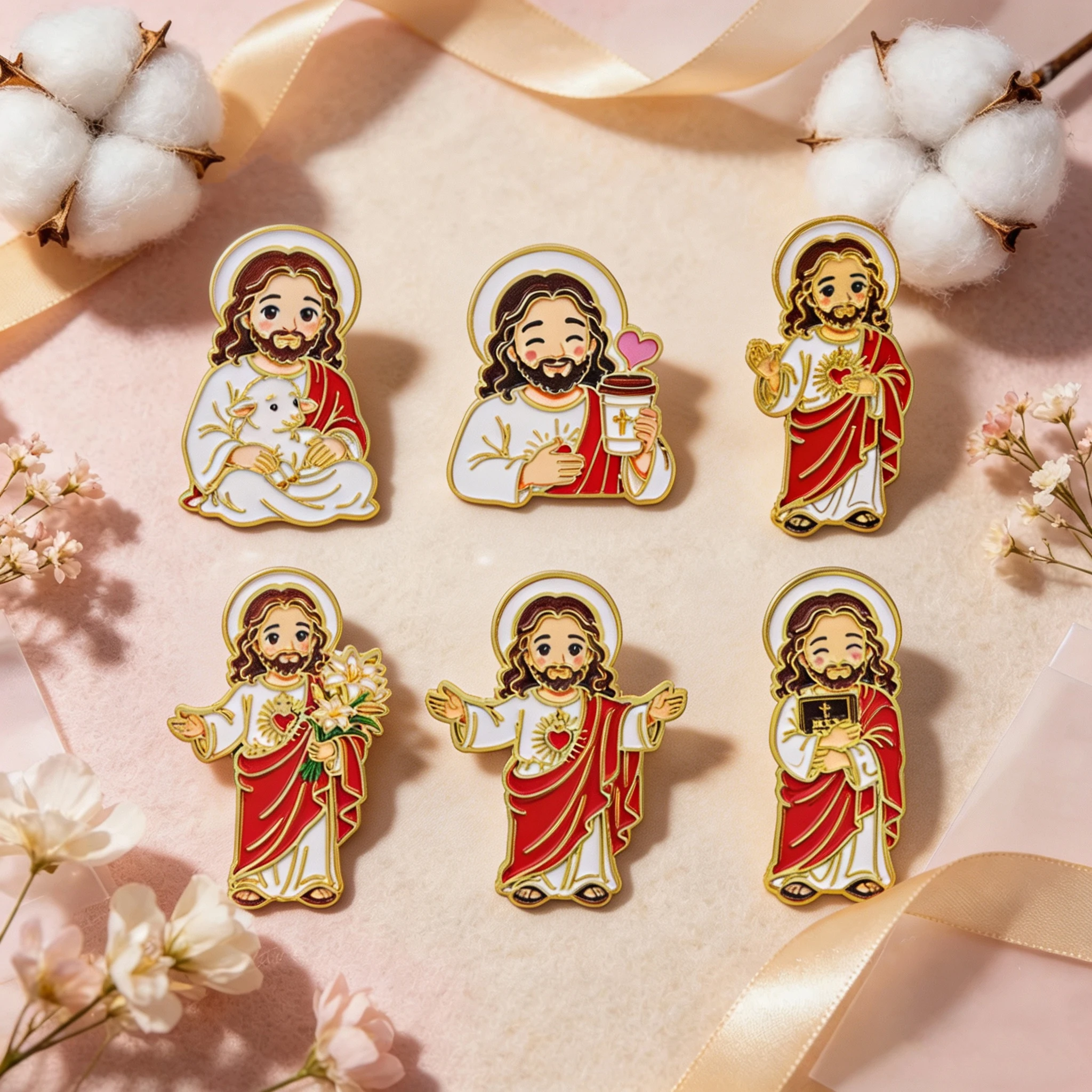 6pcs/Set Cute Cartoon Jesus Cross Enamel Pin Coffee Sheep Brooch Lapel Pin Badge on Backpack Clothing Accessories Jewelry Gifts